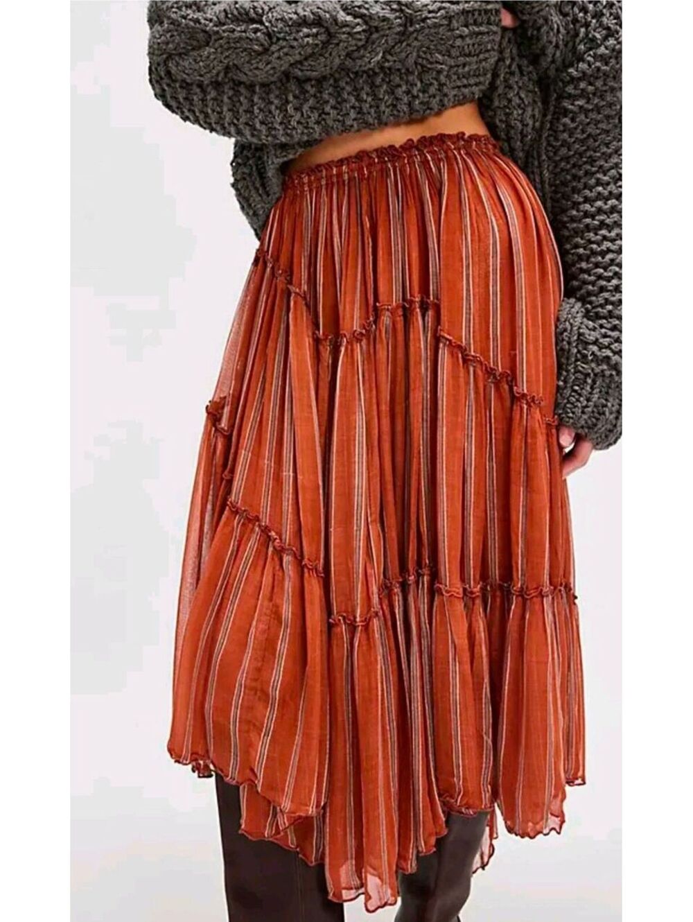 $128|Sold Out|Sz.S 14-21"W  |Free People One Ember Tiered Striped Midi Skirt